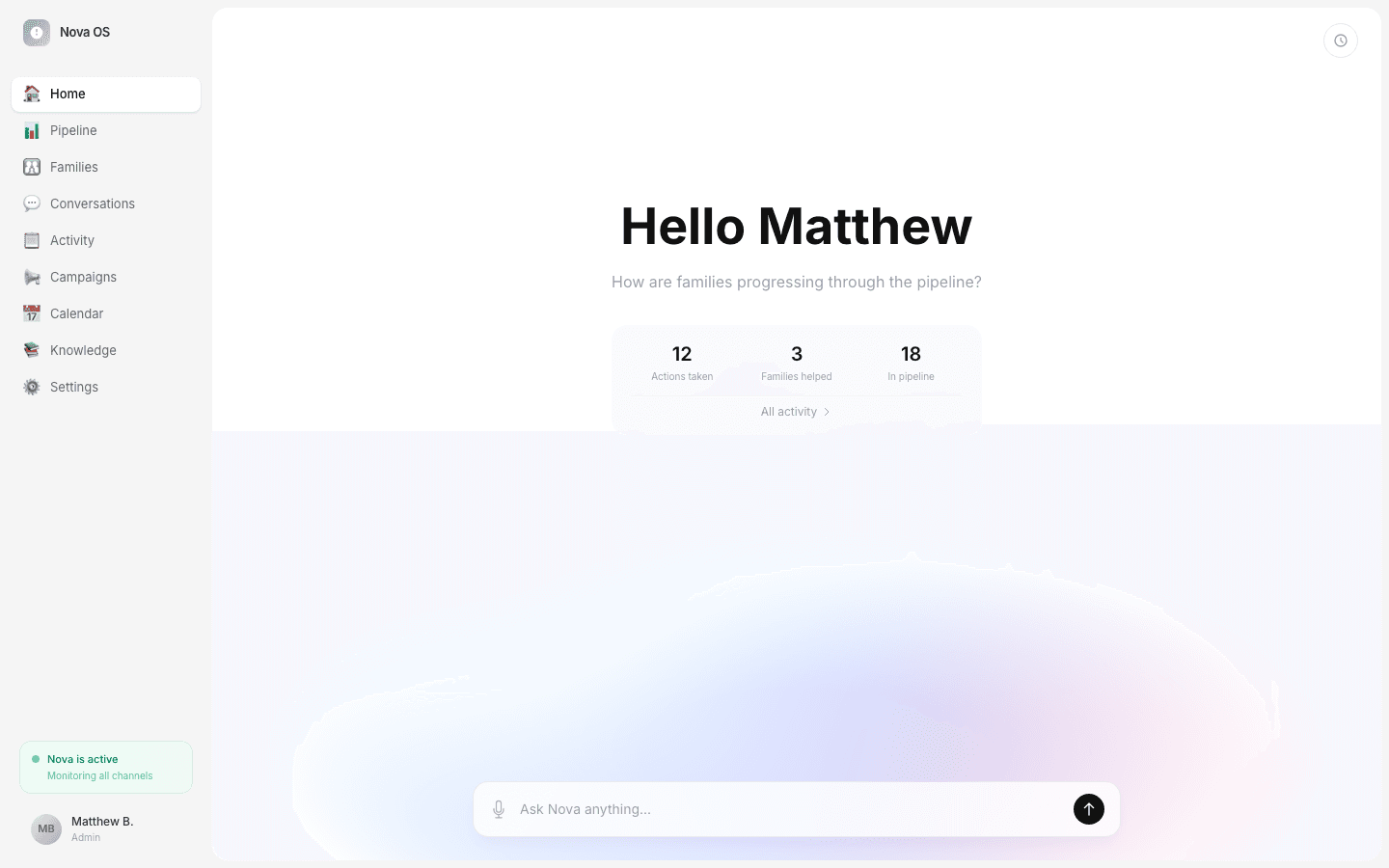Nova OS Dashboard — AI-powered front desk for independent schools